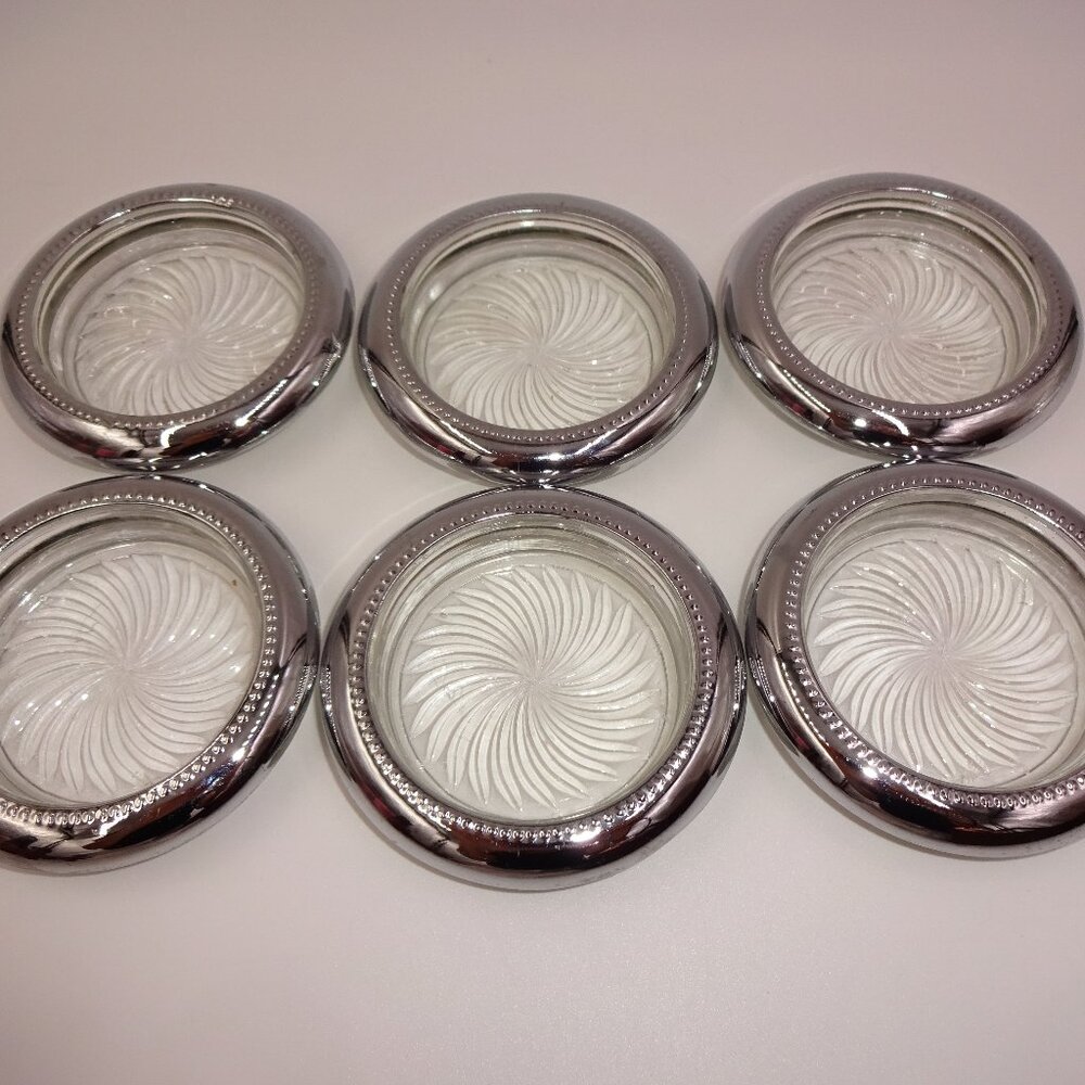 Set of 6 Vintage Park Sherman Clear Glass & Silverplate Swirl Pinwheel Coasters